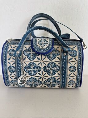 Banda Bag Artisan Made Sumatra Hand Embroidered Geometric Blue White Barrel Bag